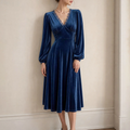 V Neck Lace Bishop Sleeve A-Line Midi Dress