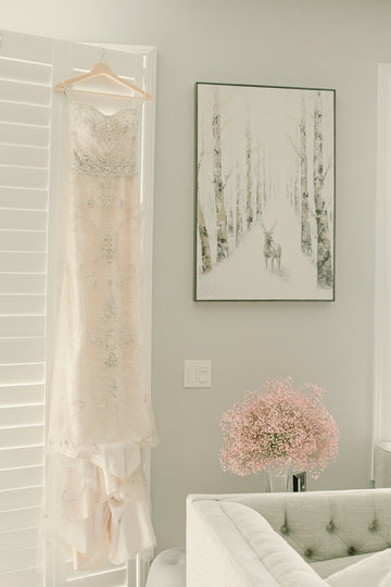 Embroidered gown hanging in a light-filled room